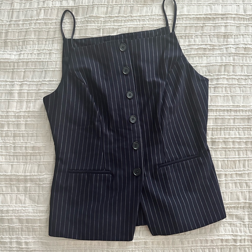 Medium Sunday In Brooklyn Navy Pinstripe Ponte Apron Vest Top